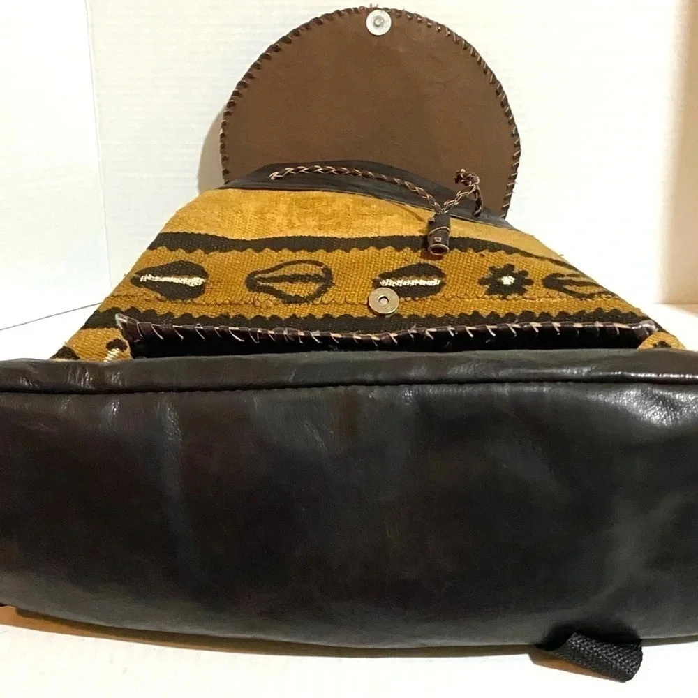 Handmade unisex Africa mud cloth leather backpack
